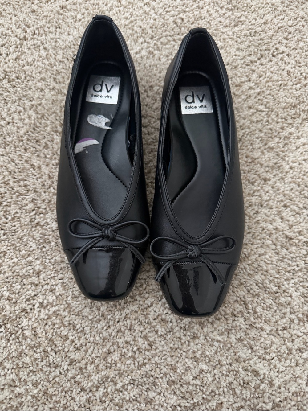 Dolce Vita Black Ballet Flats with Patent Cap Toe and Bow